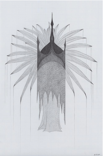 Afruz Amighi, Emperor&#039;s Headdress (drawing), 2017 24&quot;h x 16&rdquo;w (61 x 41 cm) Graphite on graph paper&nbsp;