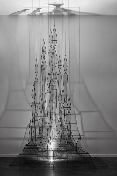 Forest (Aglibol),&nbsp;2015&nbsp;, Steel, fiberglass mesh, chain, and LED lights