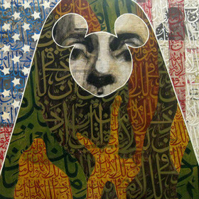 Mickey, 2010, Ink, acrylic, charcoal, pen on Arabic newspaper on canvas