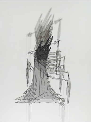 Afruz Amighi, Fool&#039;s Headdress, 2017,&nbsp;48&quot;h x 35&quot;w x 14&rdquo;d (122 x 89 x 36 cm) Steel, fiberglass mesh, chain, light&nbsp;