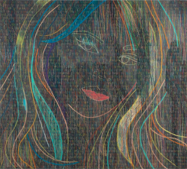 La Le&ccedil;on de Grammaire - RFGA, 2015, Acrylic, dried pastel, embroidery and gel medium on canvas