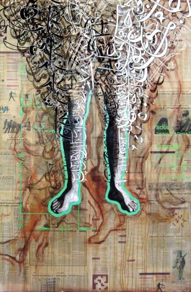 Soul Purpose, 2011&nbsp;, Charcoal, acrylic and pen on Arabic newspaper on canvas