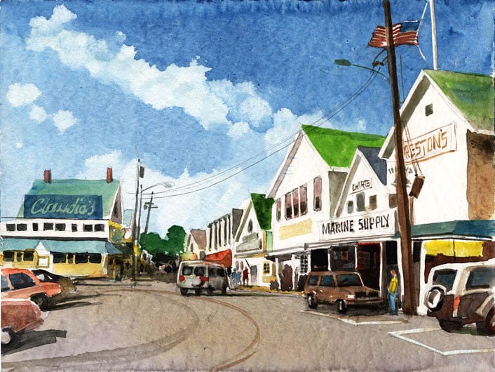 Claudio's Restaurant and Preston's Marine Supplies form the heart of Greenport's waterfront commerce.