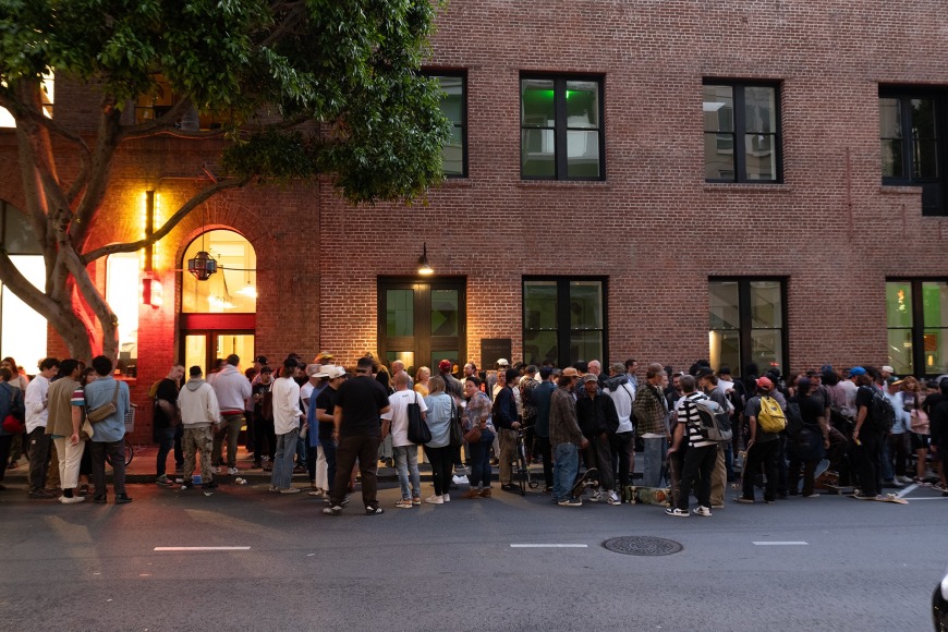 A crowd spills out onto Hawthorne Street at the opening reception for&nbsp;Barry McGee: Old Mystified on September 27, 2024.