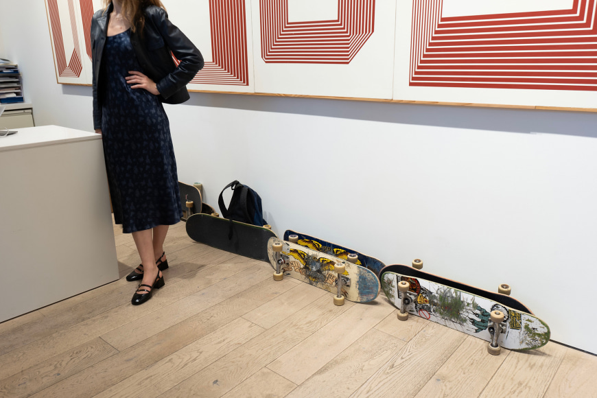 Skateboards were a common sight at the opening reception for Barry McGee: Old Mystified on September 27, 2024.