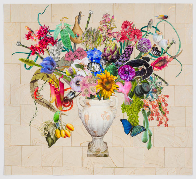 Jane Hammond Garden Urn with Witch Hazel, Canterbury Bells and Blue Morpho, 2024