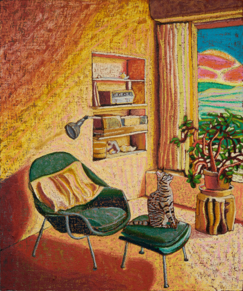 JJ Manford, Sunset on Ghost Ranch, 2022, oil stick, oil pastel, Flashe on burlap over canvas, 60 x 50 inches