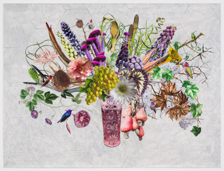 Jane Hammond Pink Crystal Vase with Persian Lilies, Amethyst Deceivers and Cashews, 2024