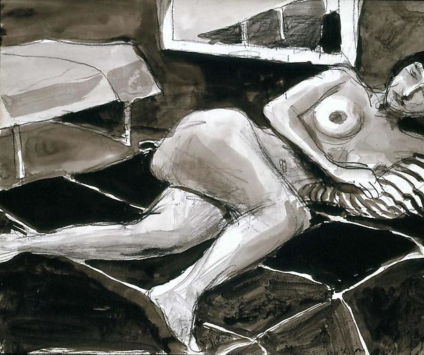 Untitled conte crayon on ink wash on paper