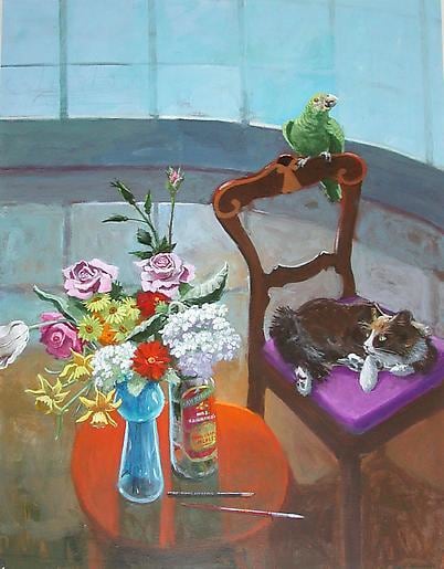 Room with Curved Window Cat and Bird