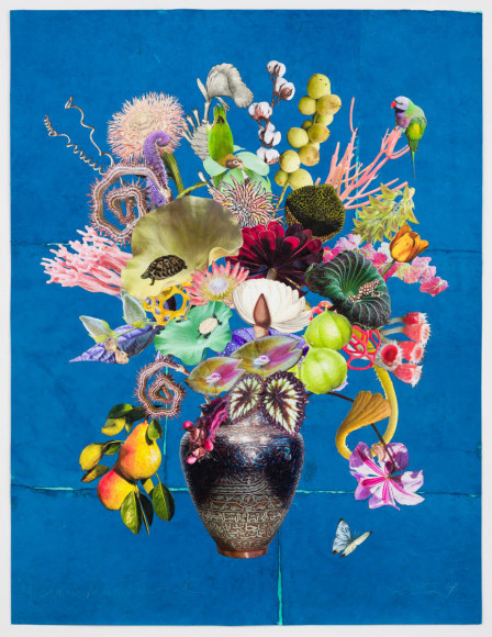 Jane Hammond Syrian Silver and Copper Vase with Shaggy Scarlet Cups, Pears, and Lotus Leaves, 2024