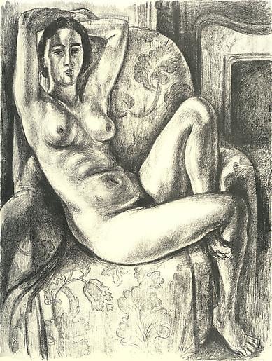 Nu au Coussin bleu à côté d'une cheminée 1925,