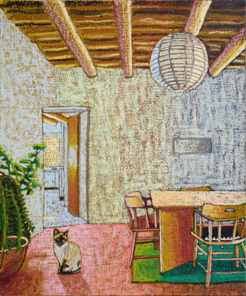 JJ Manford, Ghost Ranch, 2022, oil stick, oil pastel, Flashe on burlap over canvas, 60 x 50 inches