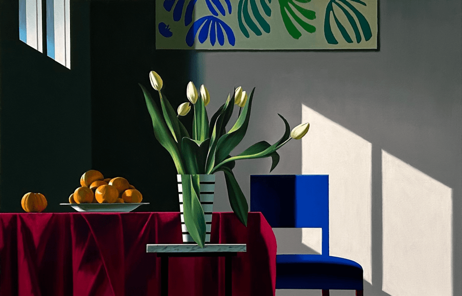 Bruce Cohen Interior with White Tulips, Blue Chair and Bowl of Oranges, 2024