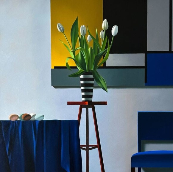Bruce Cohen Interior with White Tulips, Blue Furniture and Mondrian Painting, 2025