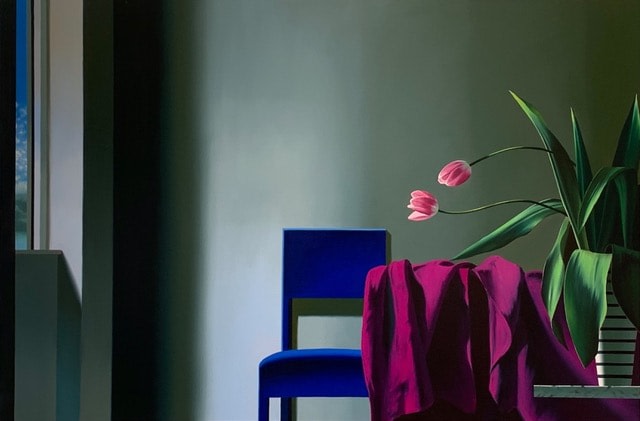 Bruce Cohen Interior with Two Pink Tulips on Magenta Tablecloth, 2023