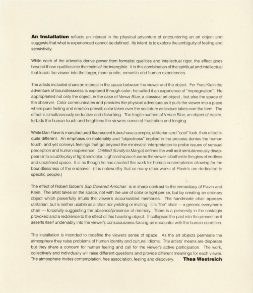 Dan Flavin, Robert Gober, Yves Klein, An Installation