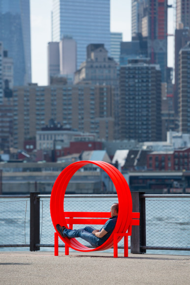 Jeppe Hein, Modified Social Bench NY #5, 2015, Installation view: Please Touch The Art. Brooklyn Bridge Park, 2015-16