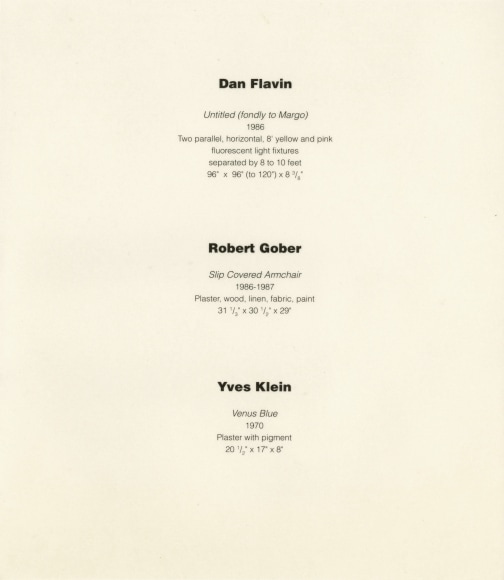 Dan Flavin, Robert Gober, Yves Klein, An Installation