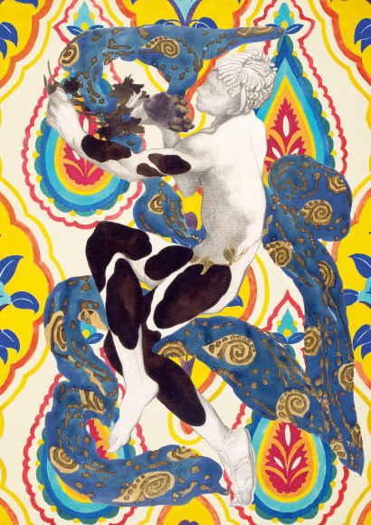 Nick Mauss, Collage de deux dessins de L&eacute;on Bakst : &laquo; Vaslav Nijinsky dans l&rsquo;Apr&egrave;s-midi d&rsquo;un faune &raquo; (1912) et &laquo; Motif d&rsquo;&eacute;toffe &raquo; (1923)
