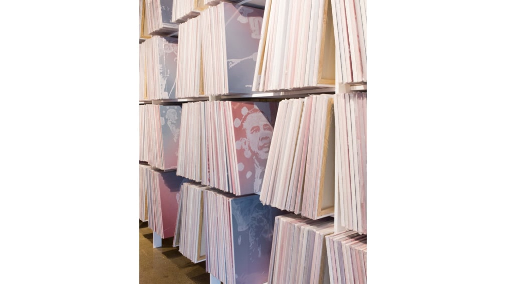 Rob Pruitt, Installation view: The Obama Paintings, 2019, Rebuild Foundation – Stony Island Arts Bank, Chicago, IL
