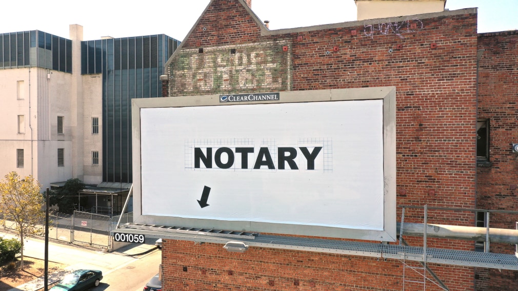 Larry Johnson, Notary, 2020. Billboard at S. Rampart Blvd. and W. Seventh St., Los Angeles 90057 (facing north). 144 × 288 in. (365.8 × 731.5 cm). Courtesy of the artist, David Kordansky Gallery, Los Angeles, and 303 Gallery, New York. Installation view, co-produced by The Billboard Creative for Made in L.A. 2020: a version. Photo: Joshua White / JWPictures.com