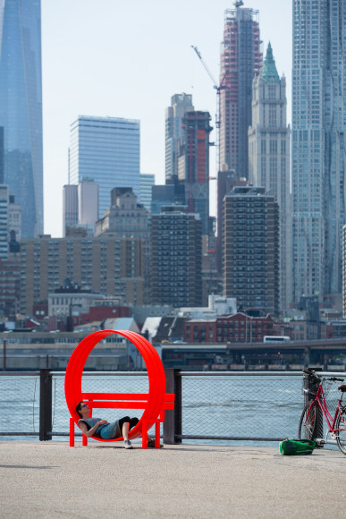 Jeppe Hein, Modified Social Bench NY #5, 2015, Installation view: Please Touch The Art. Brooklyn Bridge Park, 2015-16
