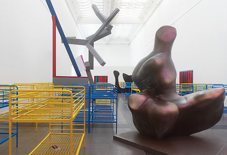 Dominique Gonzalez-Foerster, TH.2066, 2008&ndash;16, metal bunk beds, science-fiction books, sound, mixed-media reproductions of sculptures (by Henry Moore, Alexander Calder, Claes Oldenburg, Katharina Fritsch, Joel Shapiro, and Johannes Brus), LED screen, PVC. Installation view, K20 Kunstsammlung Nordrhein-Westfalen, Düsseldorf, 2016. Photo: Achim Kukulies. &copy; ADAGP, Paris/VG Bild-Kunst, Bonn.