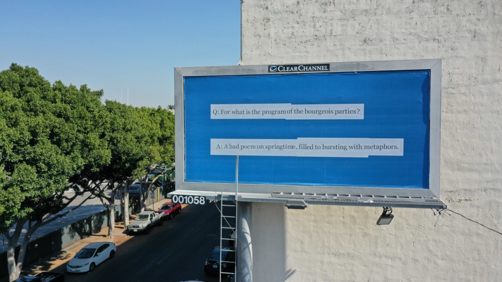 Larry Johnson, Q&A 2020. Billboard at W. Seventh St. and S. Rampart Blvd., Los Angeles 90057 (facing south). 144 × 288 in. (365.8 × 731.5 cm). Courtesy of the artist, David Kordansky Gallery, Los Angeles, and 303 Gallery, New York. Installation view, co-produced by The Billboard Creative for Made in L.A. 2020: a version. Photo: Joshua White / JWPictures.com