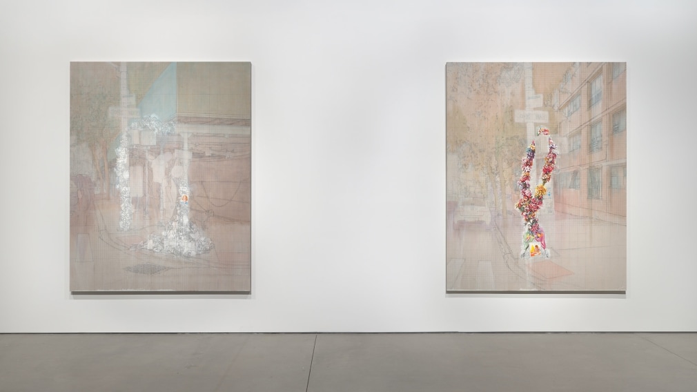 Esteban Jefferson, We Love You Devra Freelander, 2021. Oil on linen, diptych. 66 x 84 inches each., Commissioned by The Shed. Photo: Ronald Amstutz.