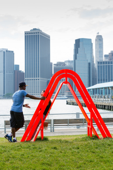 Jeppe Hein, Modified Social Bench NY #3, 2015, Installation view: Please Touch The Art. Brooklyn Bridge Park, 2015-16