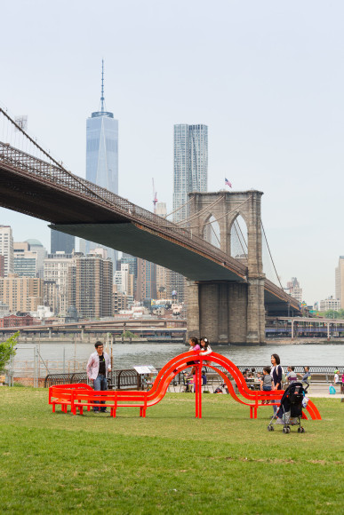 Jeppe Hein, Modified Social Bench NY #15, 2015, Installation view: Please Touch The Art. Brooklyn Bridge Park, 2015-16
