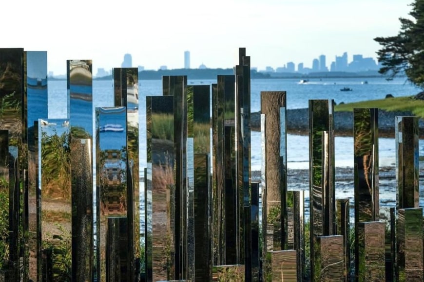 Jeppe Hein&rsquo;s &ldquo;A New End,&rdquo; built from reflective steel, can be found on a narrow neck of land on the World&rsquo;s End reservation in Hingham. (Photo: MARK GARDNER/THE TRUSTEES)