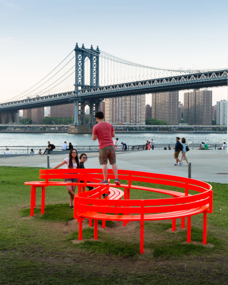 Jeppe Hein, Modified Social Bench NY #6, 2015, Installation view: Please Touch The Art. Brooklyn Bridge Park, 2015-16
