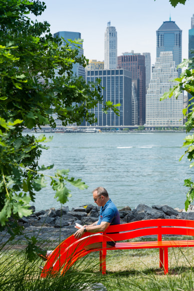 Jeppe Hein, Modified Social Bench NY #12, 2015, Installation view: Please Touch The Art. Brooklyn Bridge Park, 2015-16