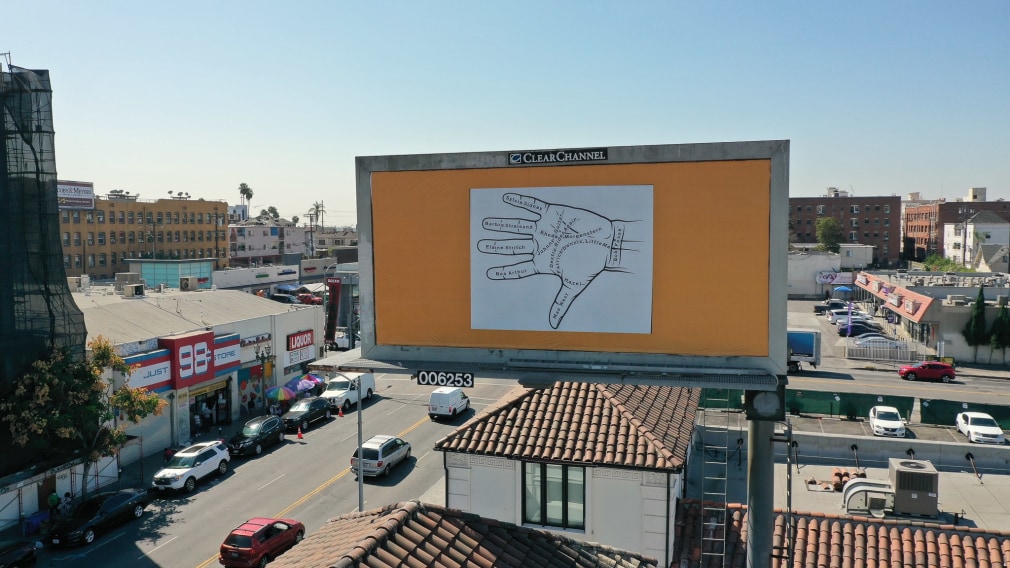 Larry Johnson, Palmistry, 2020. Billboard at W. Eighth St. and S. Alvarado St., Los Angeles, 90057 (facing north). 144 × 288 in. (365.8 × 731.5 cm). Courtesy of the artist, David Kordansky Gallery, Los Angeles, and 303 Gallery, New York. Installation view, co-produced by The Billboard Creative for Made in L.A. 2020: a version. Photo: Joshua White / JWPictures.com, 