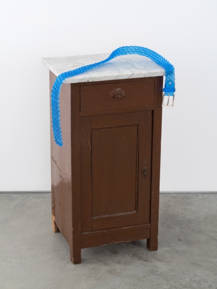 Valentin Carron, Belt on small cabinet, 2014