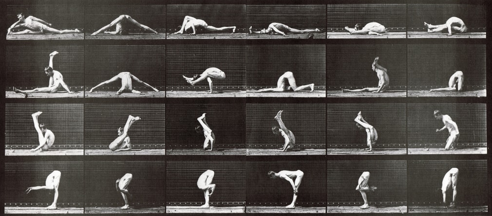 Sequence of black and white photos showing movements of man doing yogic contortions.