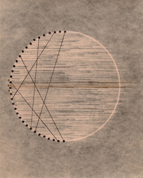 Linear abstraction using darkroom photo materials and processes and colored pencil on black background