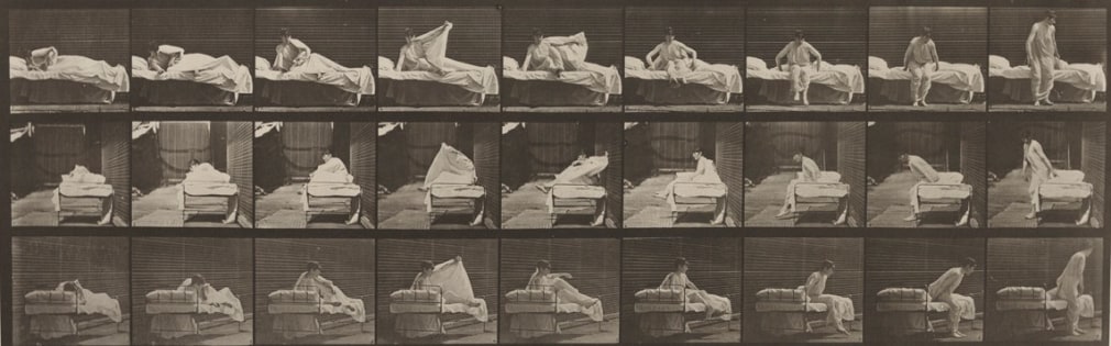 Sequence of black and white photos showing the movements of a woman getting out of bed