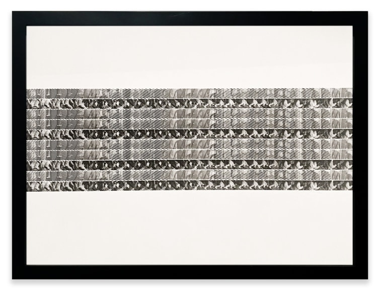 Framed sequence of abstracted small black and white photos showing a room with striped shadows