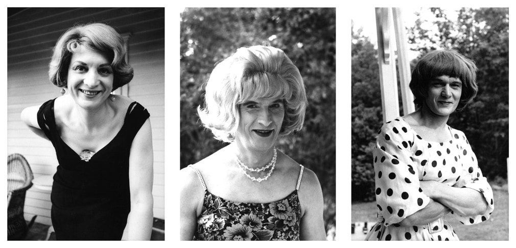 Three black and white portriats of trans men in dresses and wigs, posing and smiling for the camera.