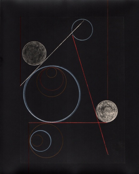 Abstraction made up of circles drawn in colored pencil on black background.