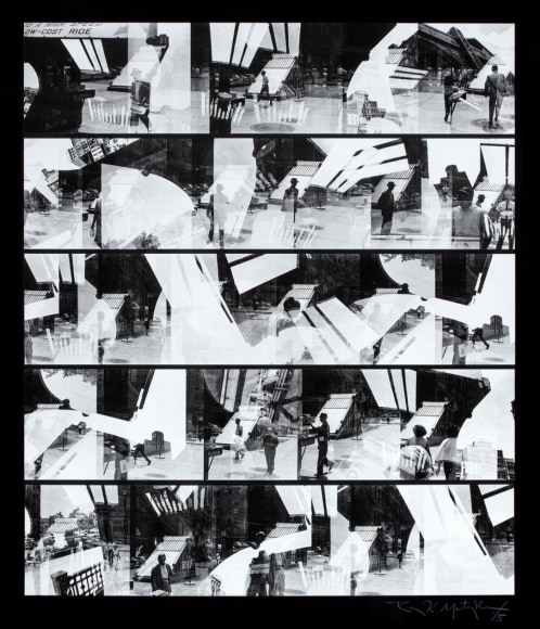 Five vertically stacked rows of black and white multiple exposure photos depicting pedestrians in a city from afar.
