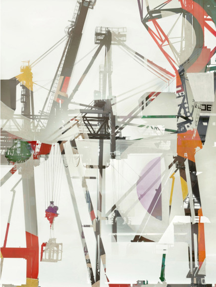 Digital photocollage of shipping cranes with color abstractions overlaid