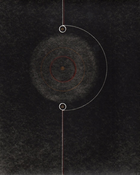 Linear abstraction using darkroom photo materials and processes and colored pencil on black background