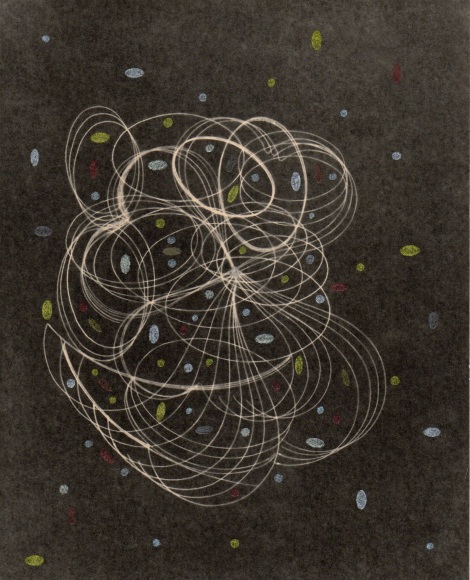 Curvilenar abstract line drawing on a black background iwth ovoid colored shaped in the background.