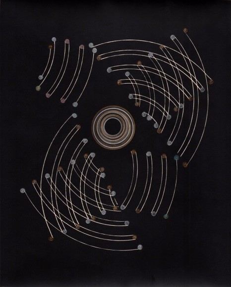 Abstraction made up of circles and semi-circles on black background.