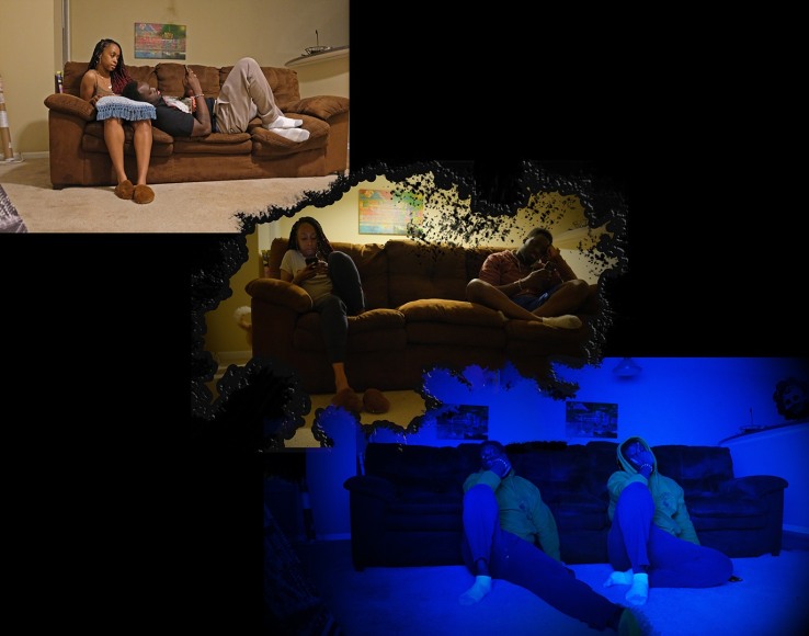 Sequence of thee photos showing a couple's body language growing increasingly more distant, as they sit on the couch.