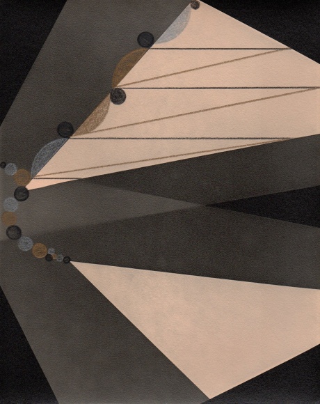 Warm toned abstraction with triangles and drawn circles on black background.